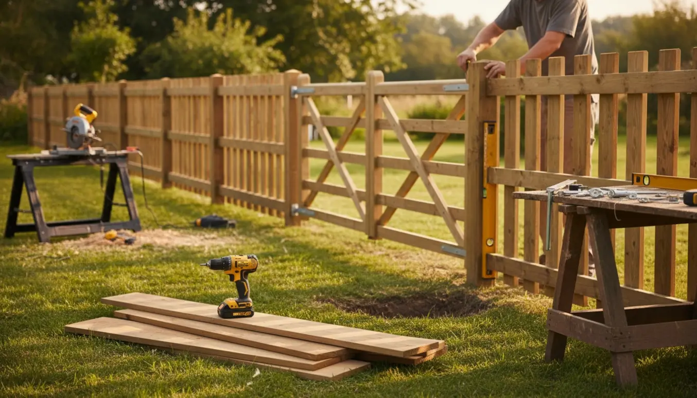 Trykimprægneret træplankeværk med dobbeltlåge under opbygning i en baghave.