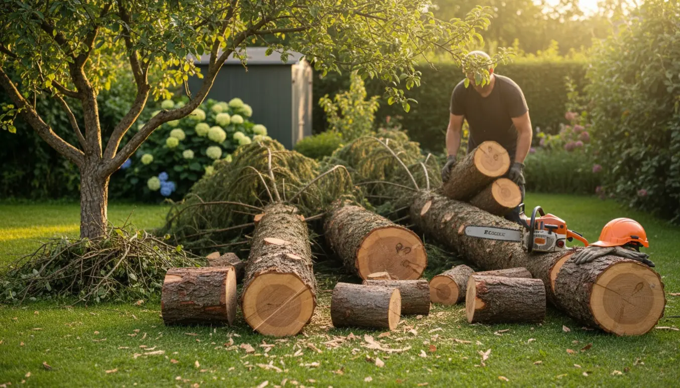 To fældede grantræer skåret i ca. 30 cm brænde og et vildæbletræ med mange tynde stammer i en have.