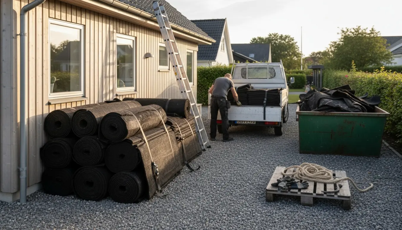 Stabler af fjernet tagpap ved huset og en lastbil klar til afhentning.