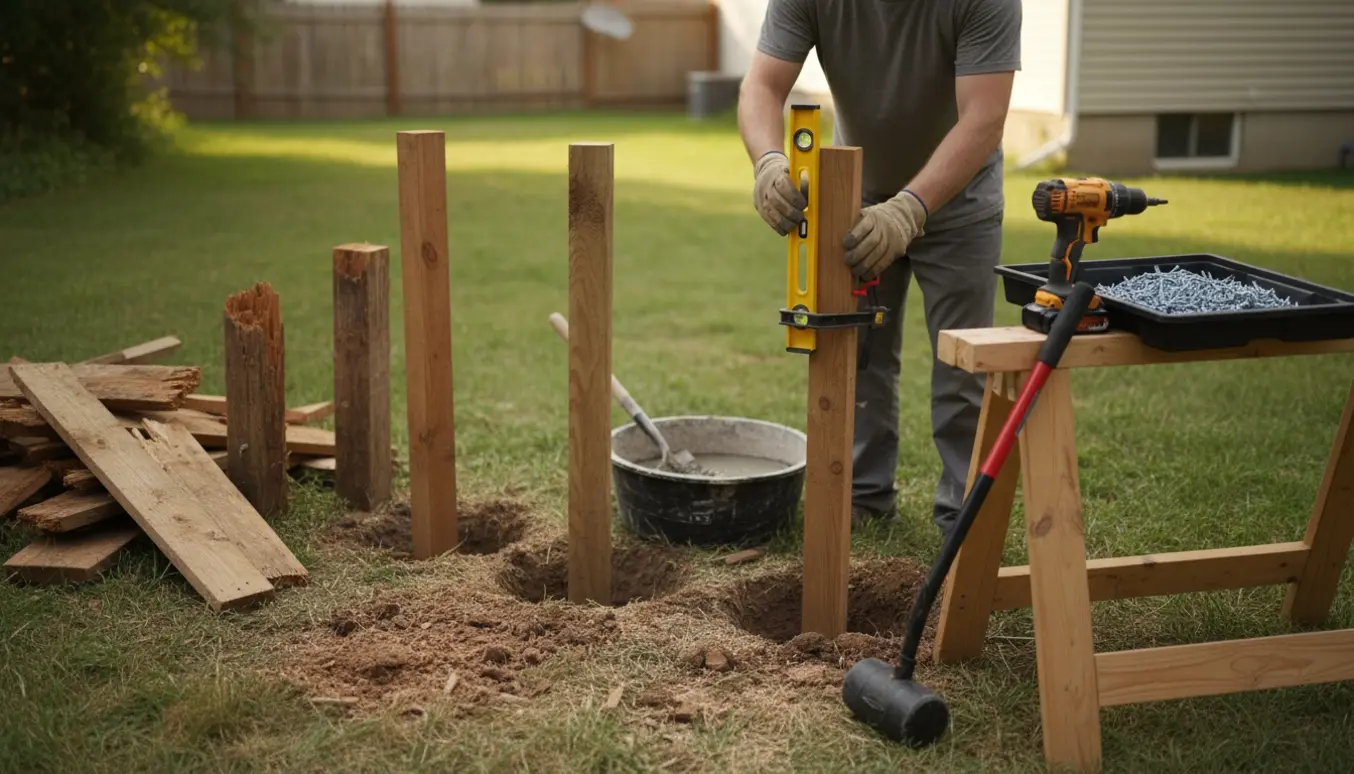 Udskiftning af et lille træhegn i en have med nye stolper, værktøj og jord i fokus.