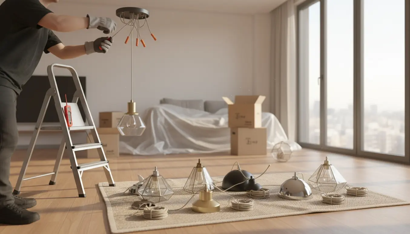 Hænder tager en loftlampe ned fra en stige ved flytning, med afmonterede lamper og flyttekasser i baggrunden.