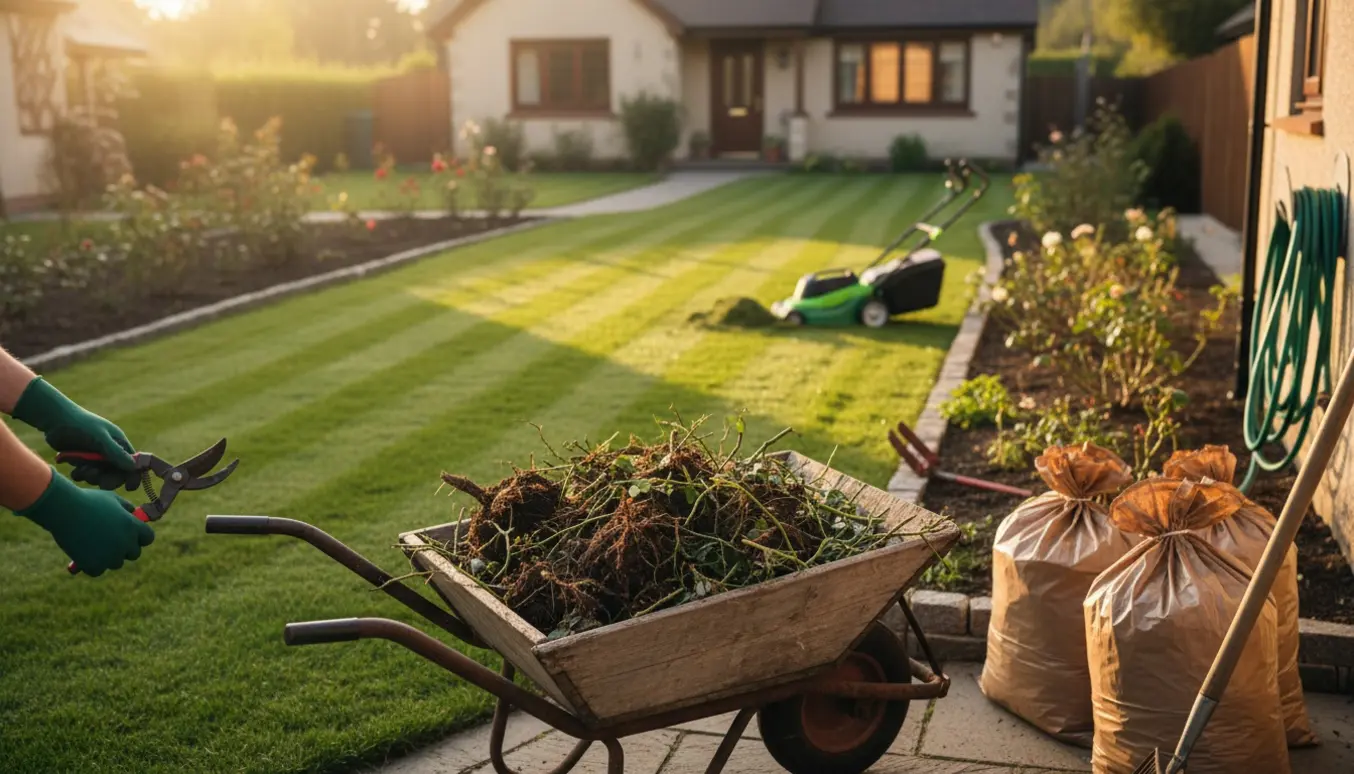 Forhave på ca. 100 m² efter forårsoprydning med nyklippet plæne, trillebør fyldt med afklip og haveredskaber.