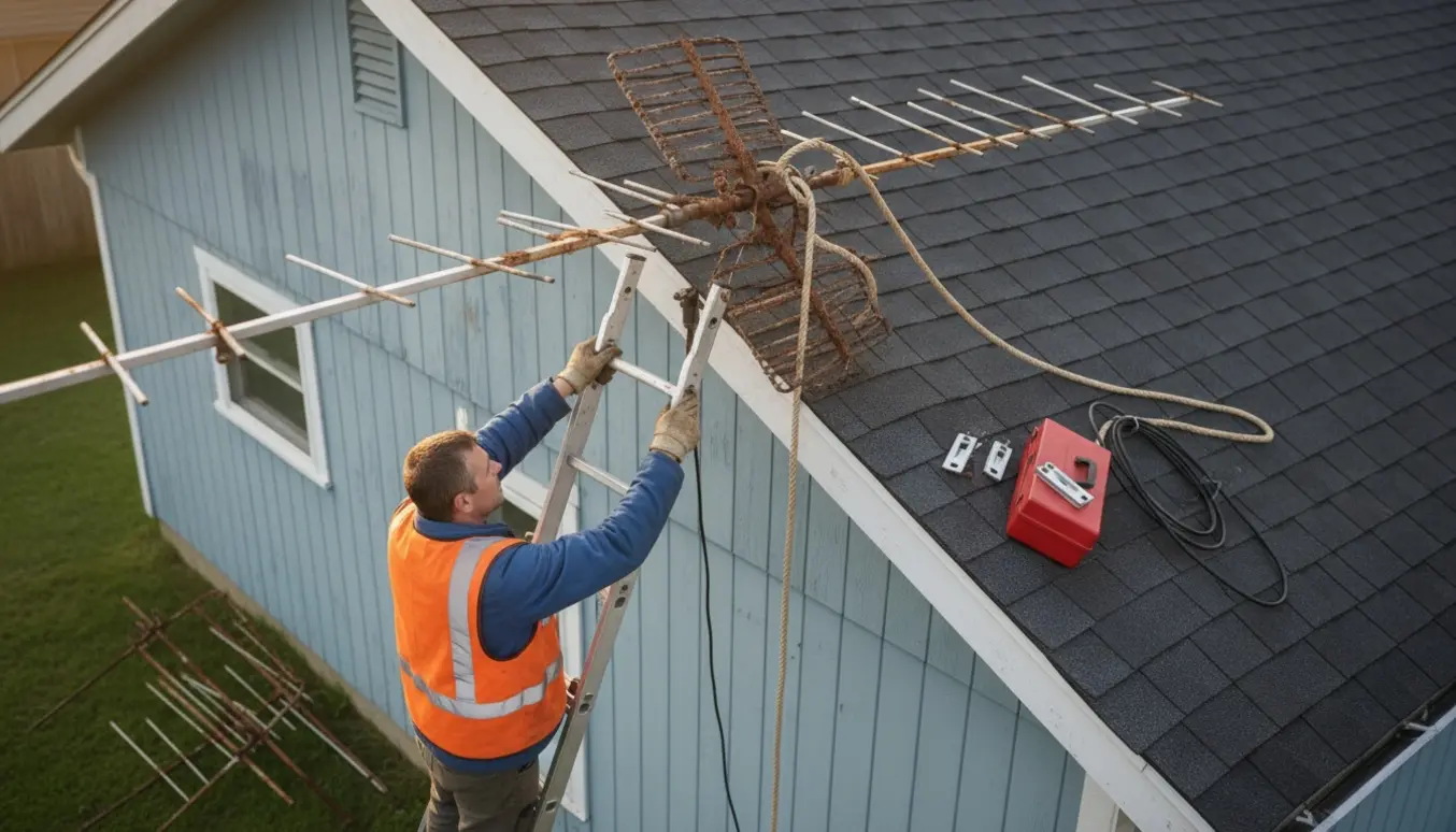 En arbejder på en stige fjerner en rusten TV-antenne fra husets gavl.
