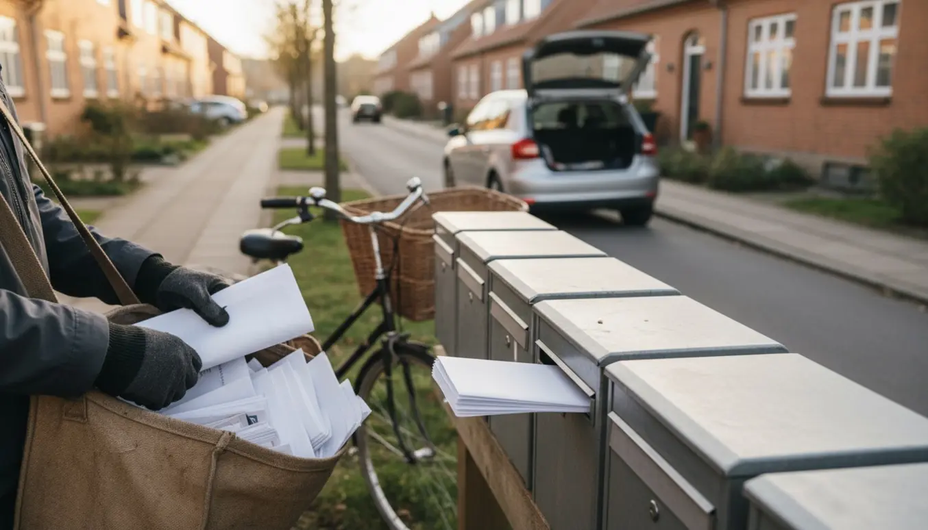 Nærbillede af en person, der stikker en flyer i en postkasse i et roligt boligområde med cykel og leveringspose.