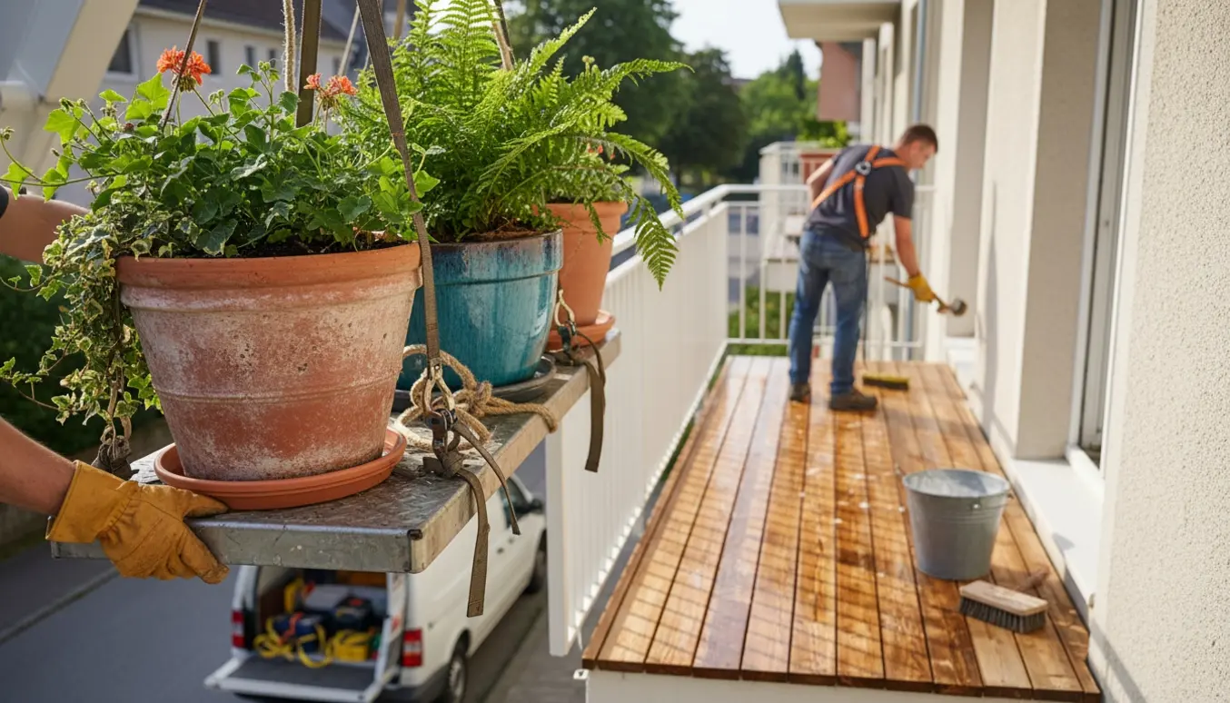 Lift fjerner store blomsterkrukker fra første sals altan, mens en anden altan vaskes og olieres.