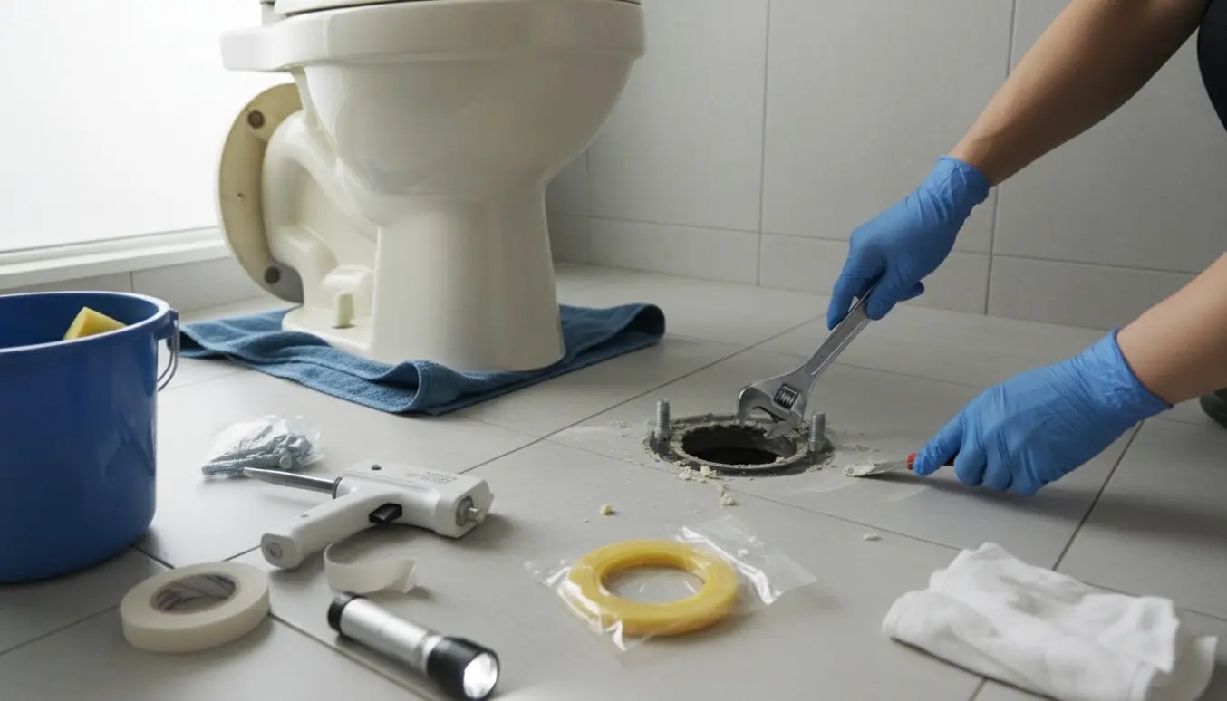 Et ældre toilet er midlertidigt sat til side, handsker arbejder med at fjerne gammel fuge og forberede montering med værktøj og nyt fugekit.