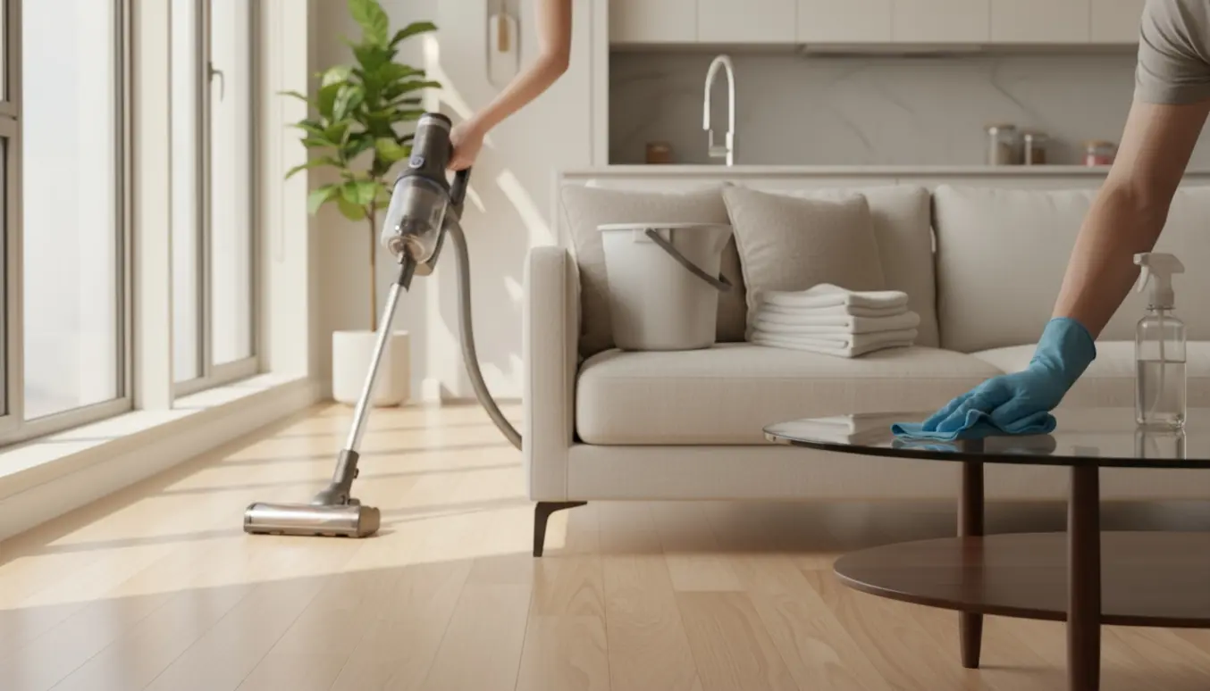 Rengøring af moderne lejlighed med støvsuger og klud i naturligt dagslys.
