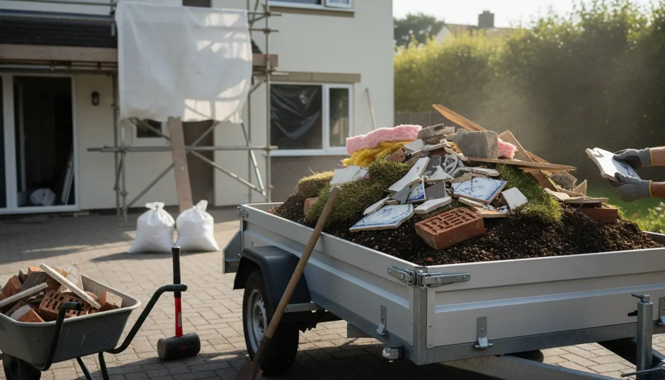 Åben trailer fyldt med jord og byggeaffald foran et hus under renovering.