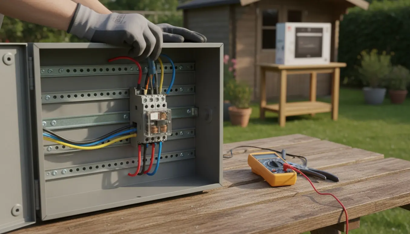 Elektriker monterer et tre-faset kombirelæ i en åben eltavle i en kolonihave.