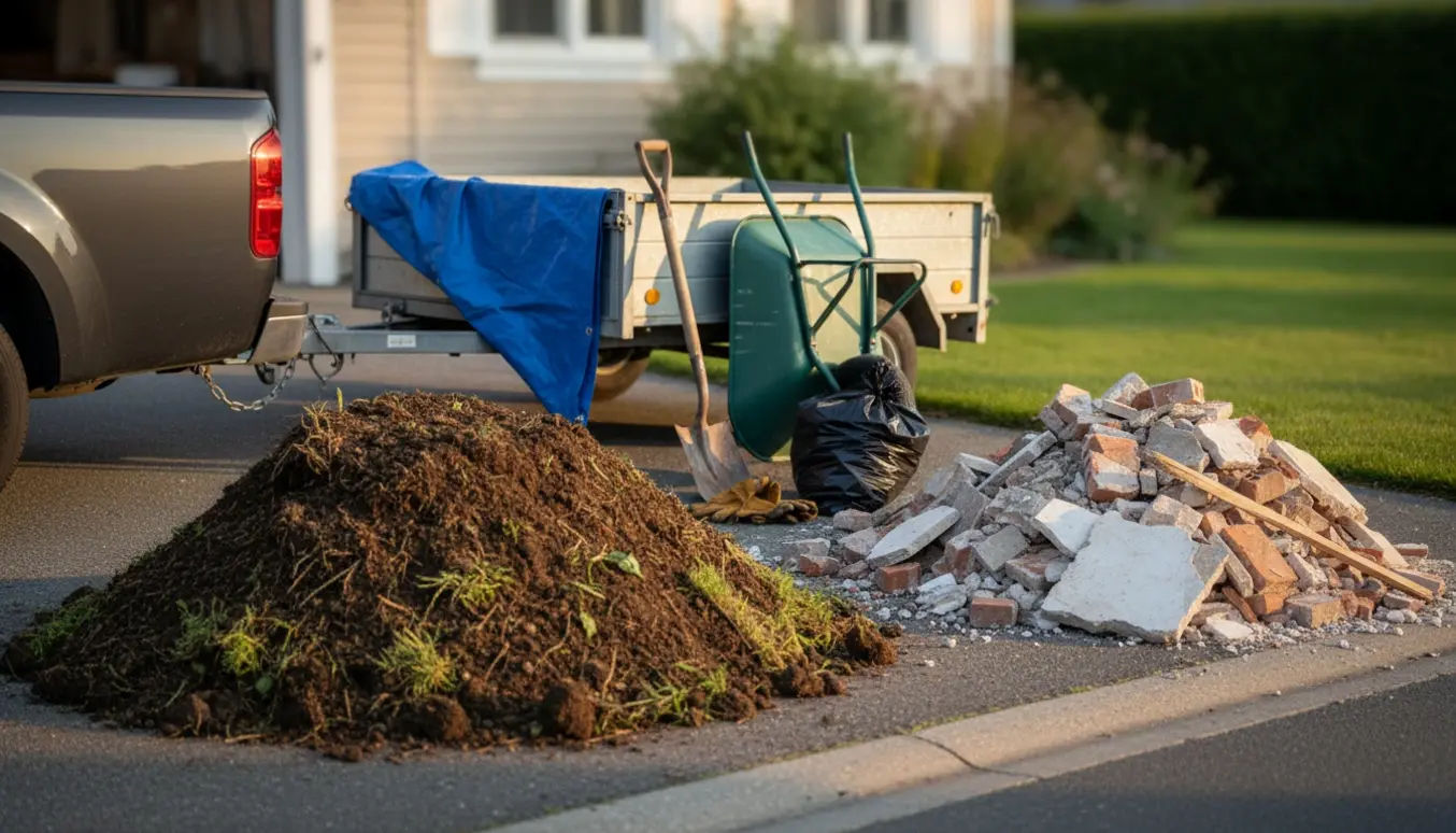 To bunker med jord og byggeaffald ved indkørsel ved siden af en trailer klar til afhentning.