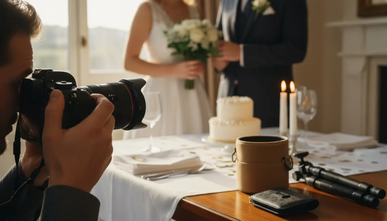 Fotografens hænder holder et kamera ved en konfirmation med kjole, blomster og kage i baggrunden.