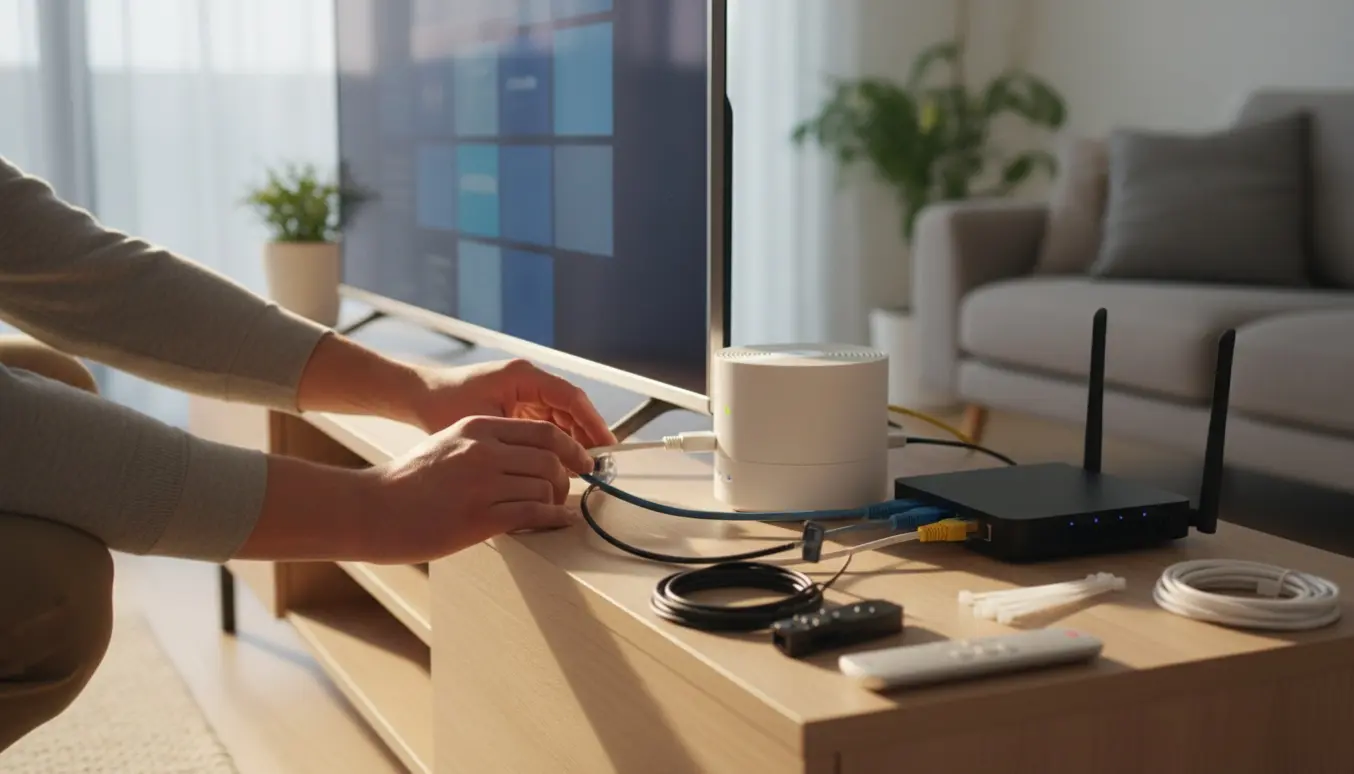 Hænder forbinder HDMI- og ethernetkabler mellem et smart-tv og en router i en lys, moderne stue.