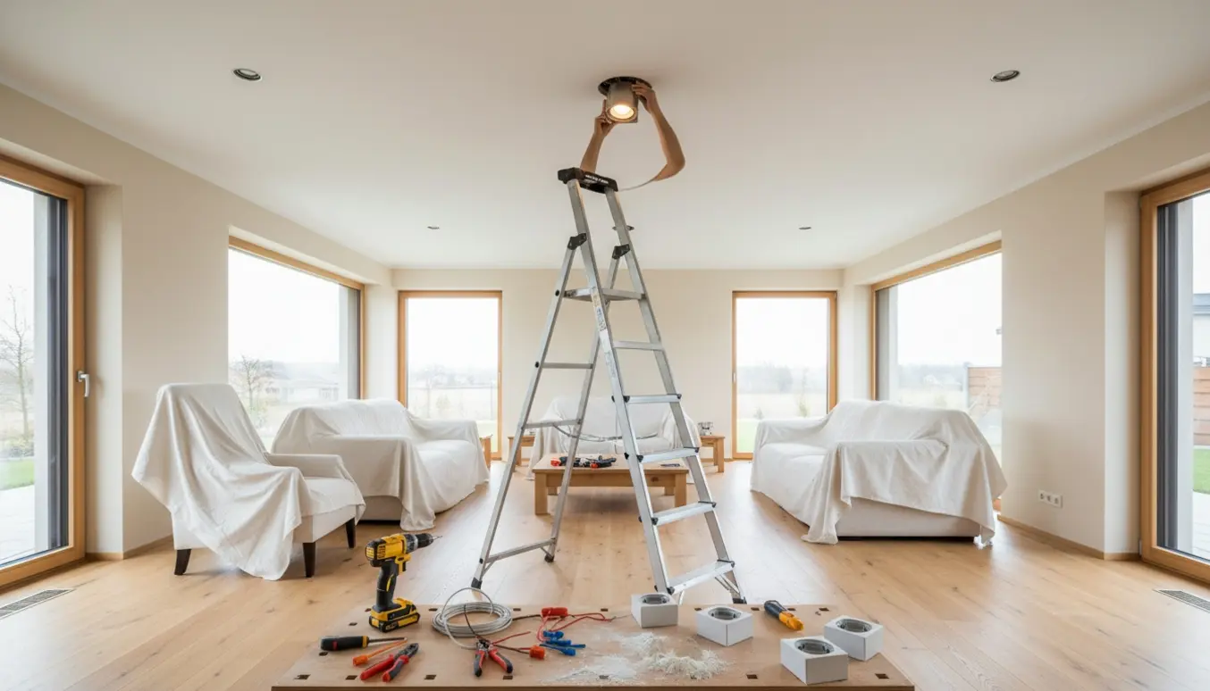 Installation af indbyggede loftspots i en moderne stue, hænder på en stige arbejder med armaturer.
