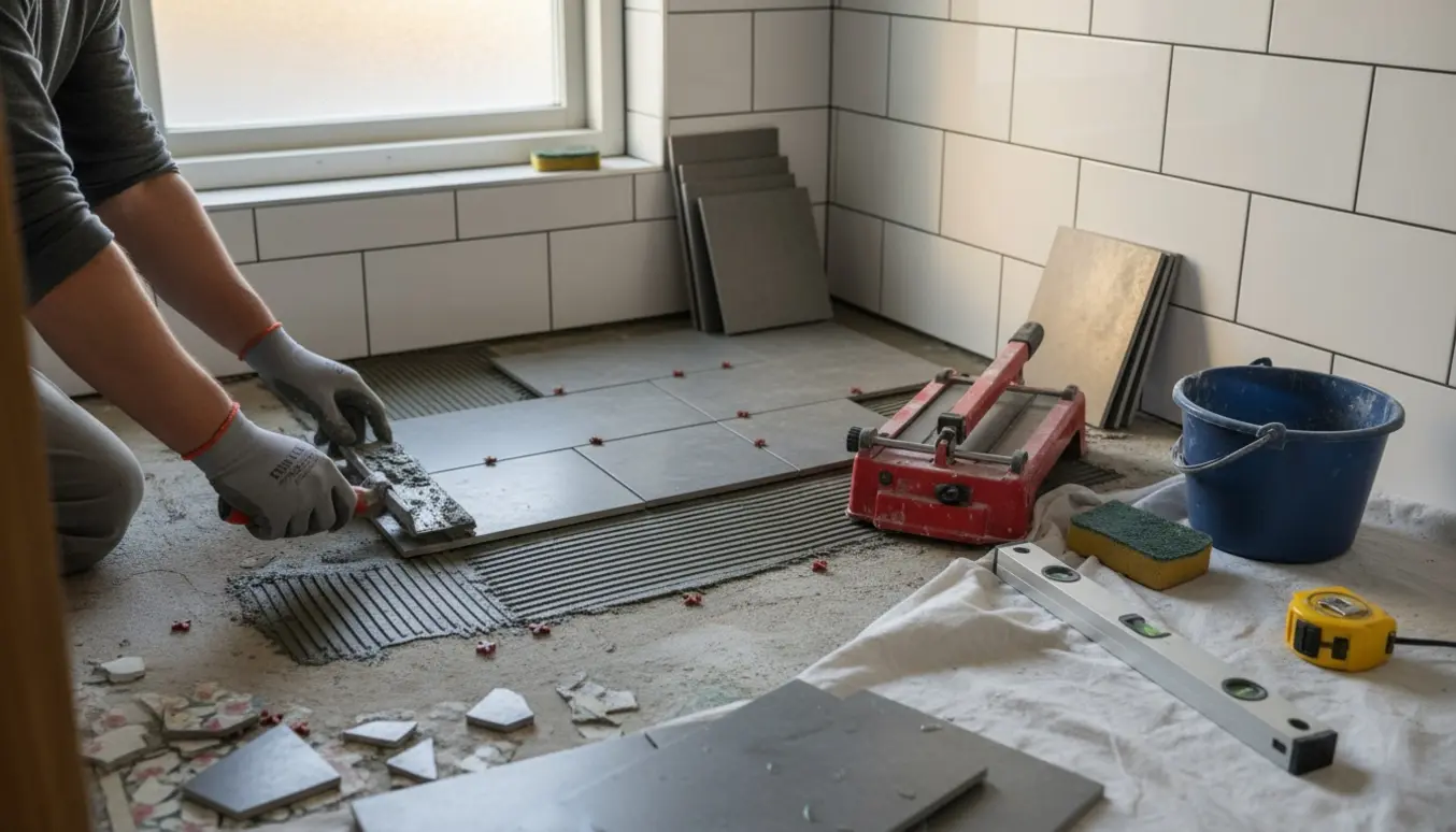 Et lille københavnerbadeværelse under renovering med nye fliser, mørtel og fliseklæber på gulvet.