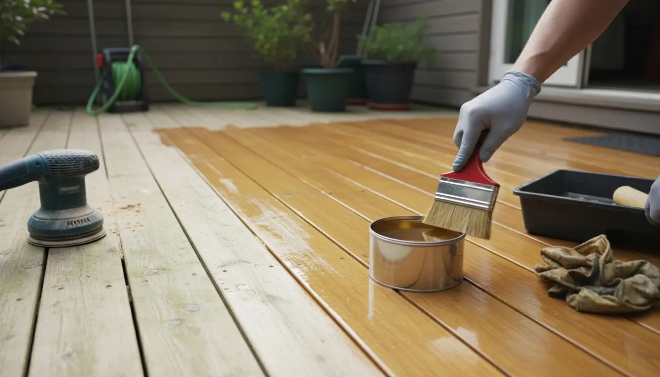 Terrasse under rensning og oliering med teakfarvet olie, hvor ubehandlet og nyligt olieret træ er synligt.
