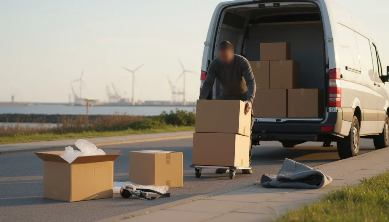 Fem flyttekasser læsses i en varebil tæt på Esbjergs kyst i varmt eftermiddagslys.