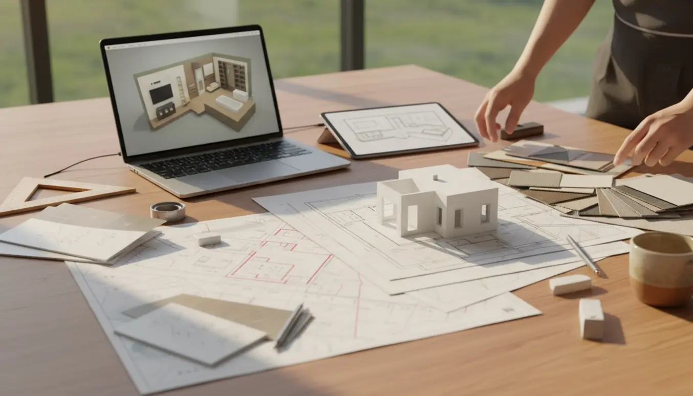 Arkitektarbejdsbord med 3D-model, matrikelkort og skitser til en tilbygning.