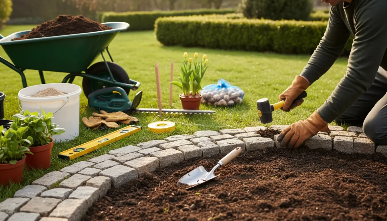 Hænder bygger et lille bed af brosten i en solrig forårshave med haveværktøj og planter klar til plantning.