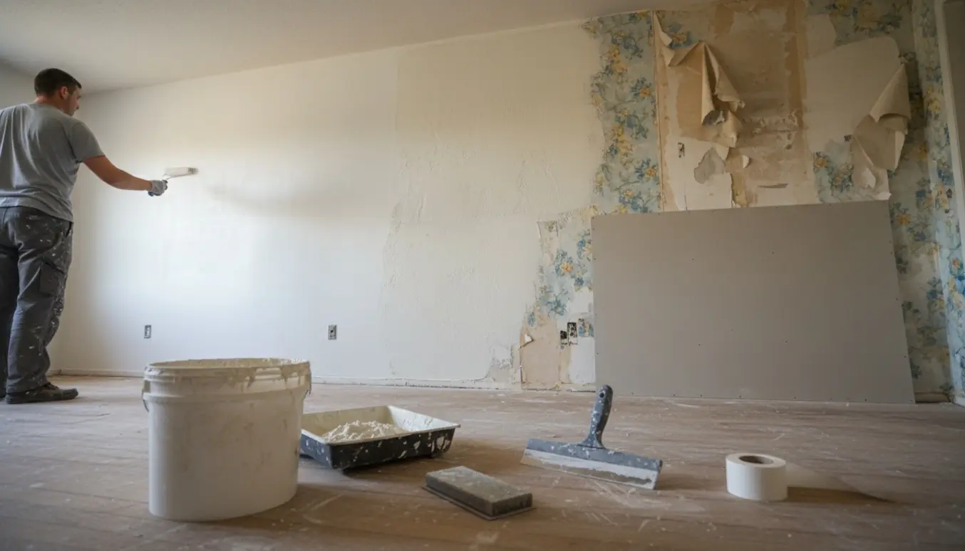 En maler ruller spartel på væggene i en stue under renovering, med spand og spartelværktøj på gulvet.