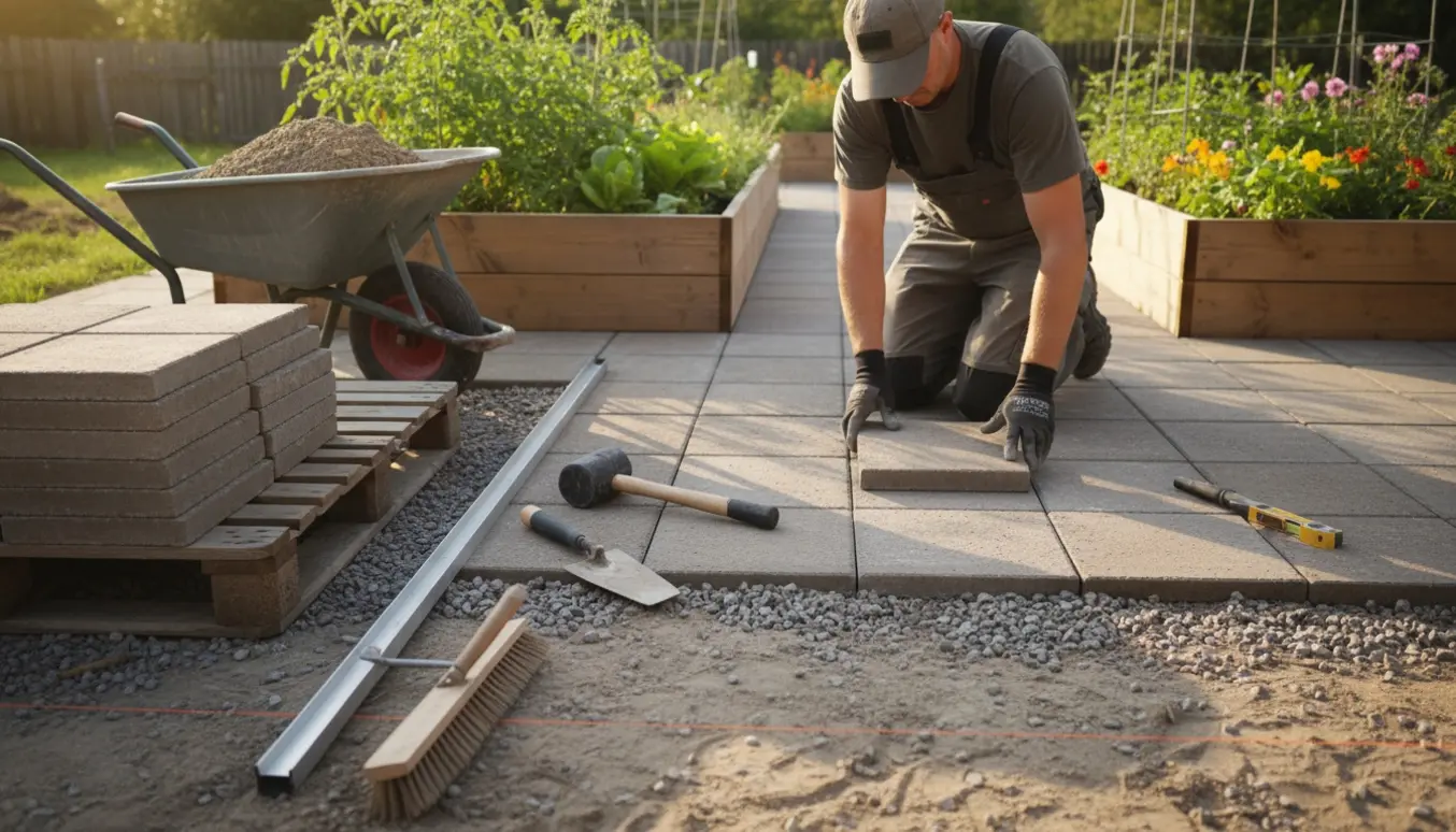 Hænder lægger 30x30 flise ved højbede med grus, stenmel og værktøj i en solbeskinnet baghave.