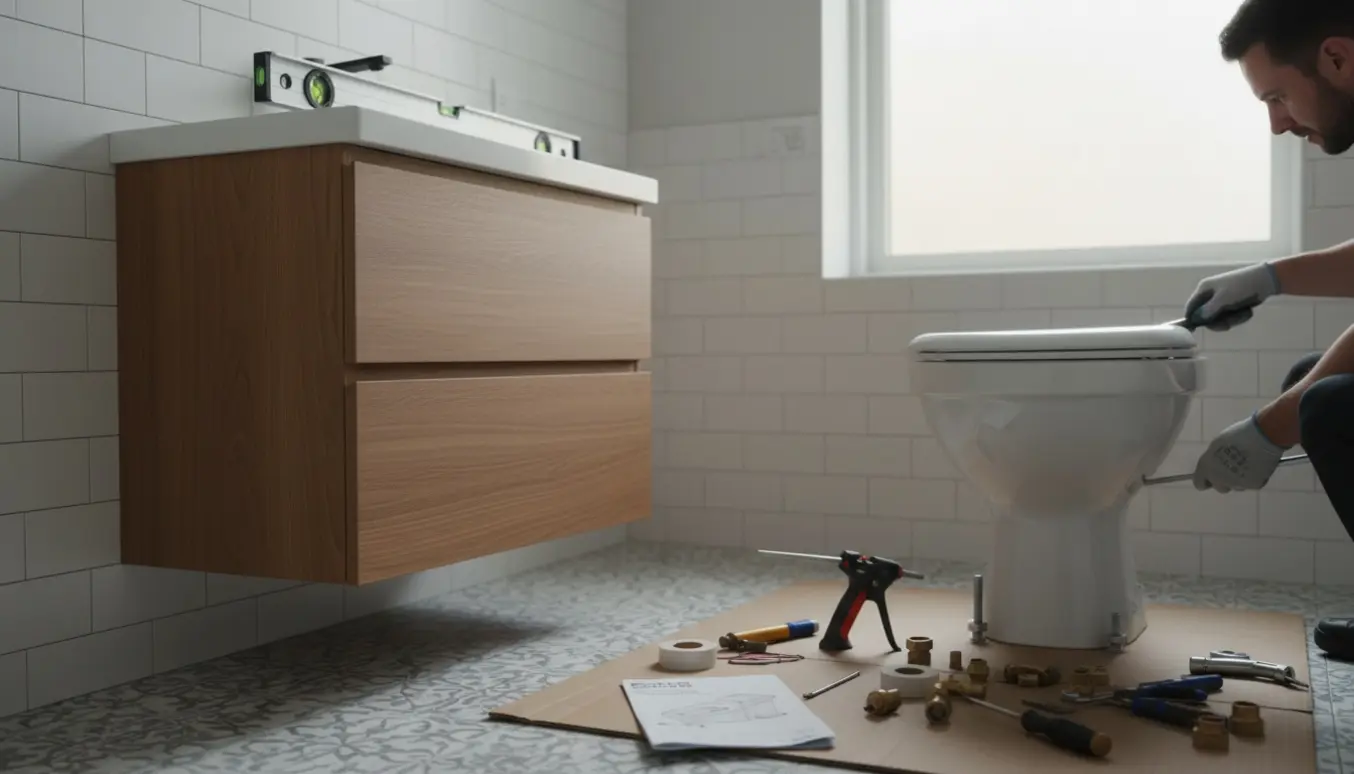 Nærbillede af udskiftning af badeværelsesmøbel og toilet med håndværkerhænder og værktøj i naturligt lys.