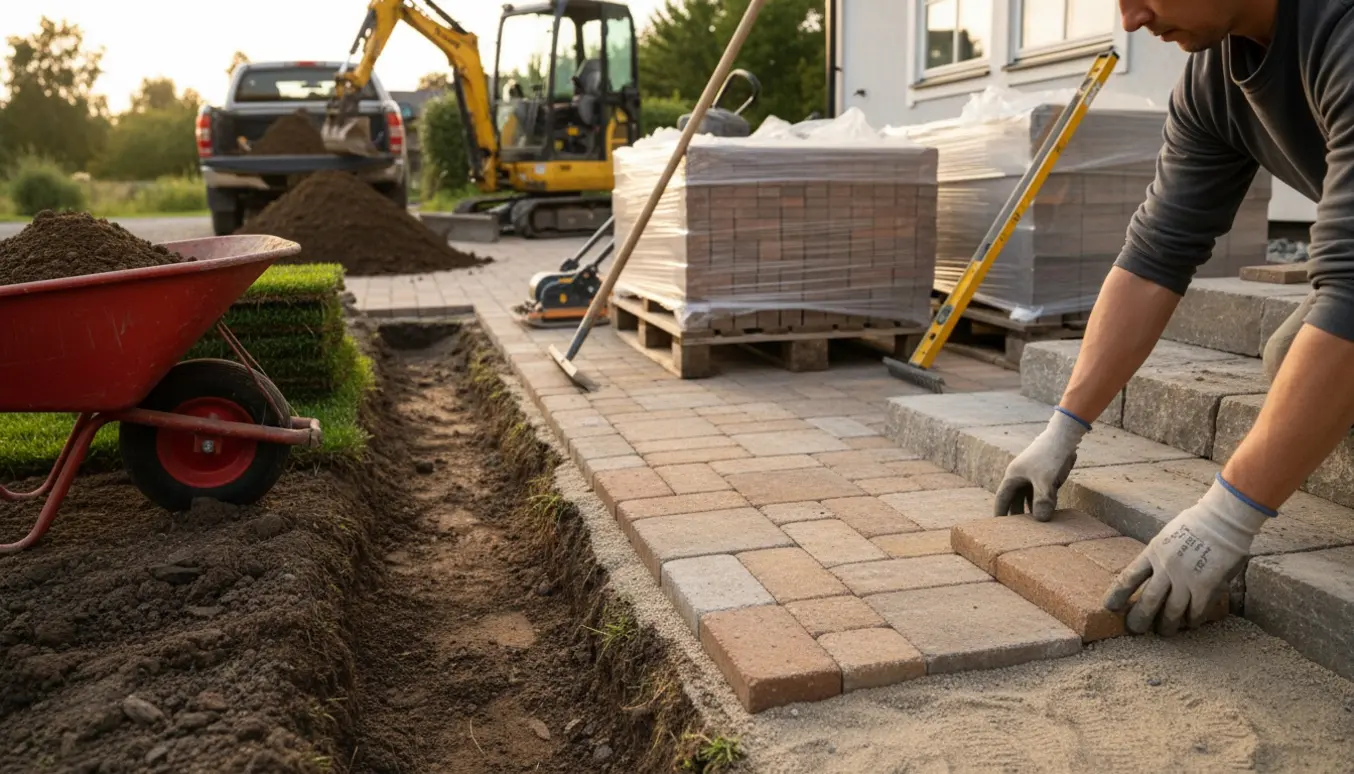 Delvist færdig indkørsel hvor håndværker fra skuldrene ned lægger Herregårds-sten på et sand- og stabilgruslag ved trappen.