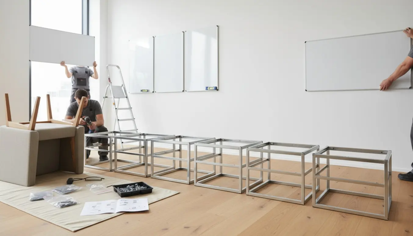 Installatører samler kontormøbler: skuffeelementer og lænestole, mens whiteboards og knager er klar til ophæng.