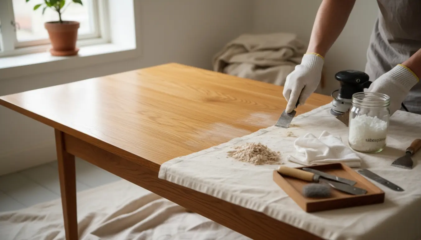 Børge Mogensen sofabord halvt lakeret og halvt slebet, klar til sæbebehandling i et lyst værksted.