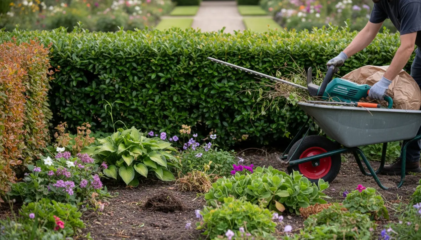 Nærbillede af hænder, der luger et staudebed med en nyklippet bøge- og ligusterhæk i baggrunden.