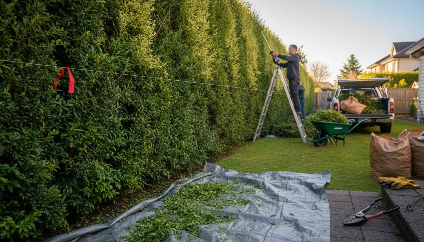 En person trimmer en høj hæk og læsser afklip i en trailer i en solrig have.