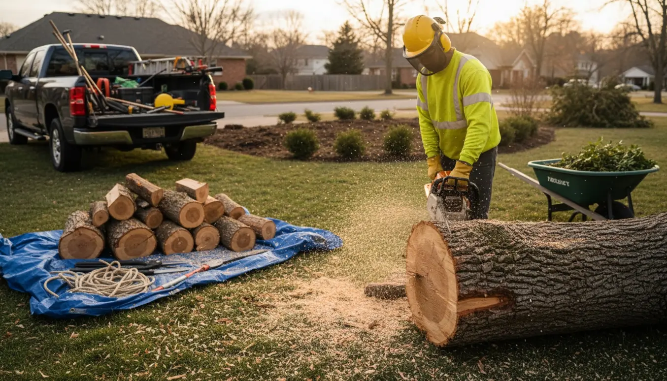 Motorsav skærer en væltet træstamme med bunker af skårne brænde og fjernede buske i baggrunden.