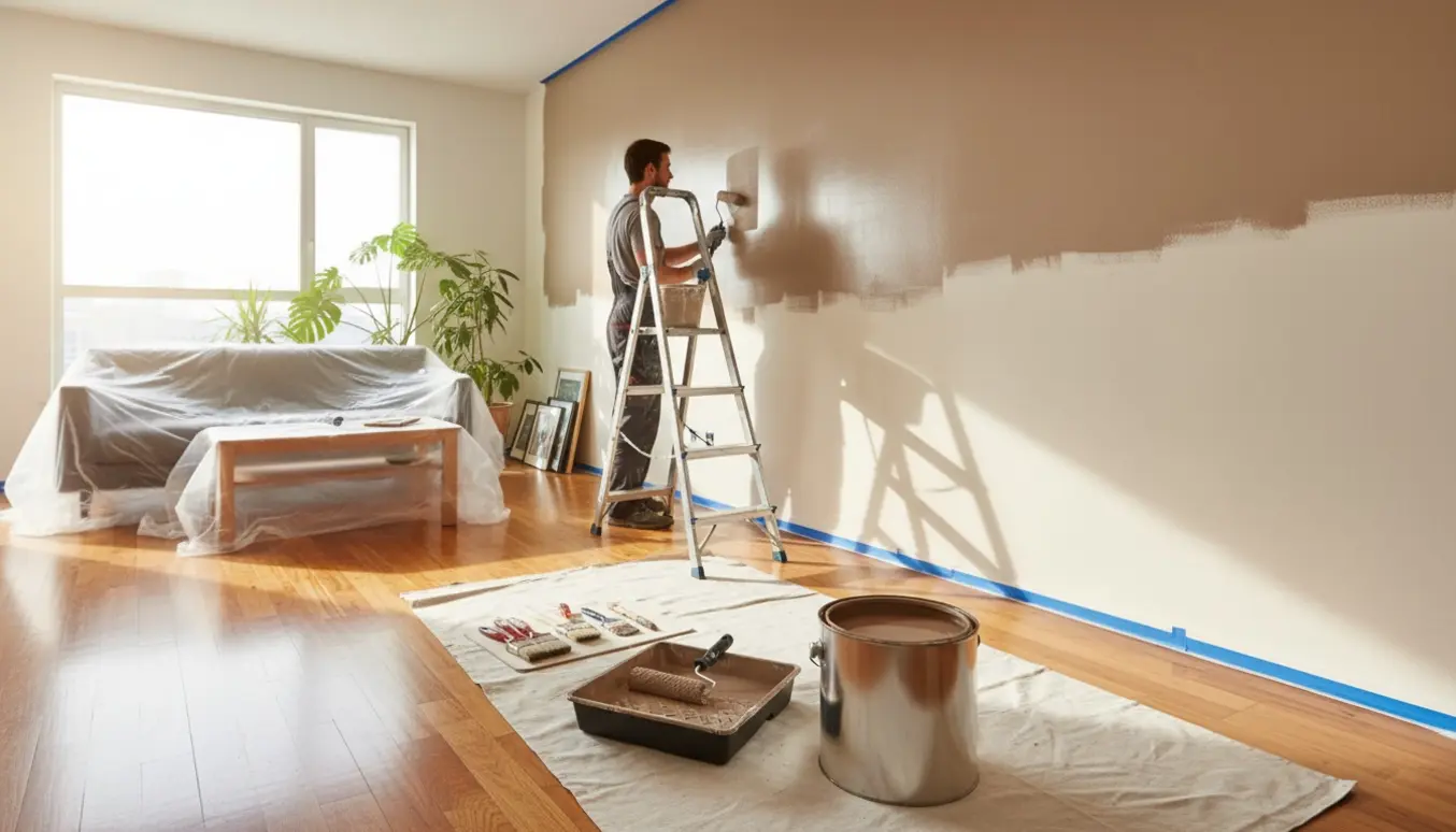 En maler set bagfra maler en væg i en lille sollys lejlighed med malerværktøj og møbler dækket af presenninger.