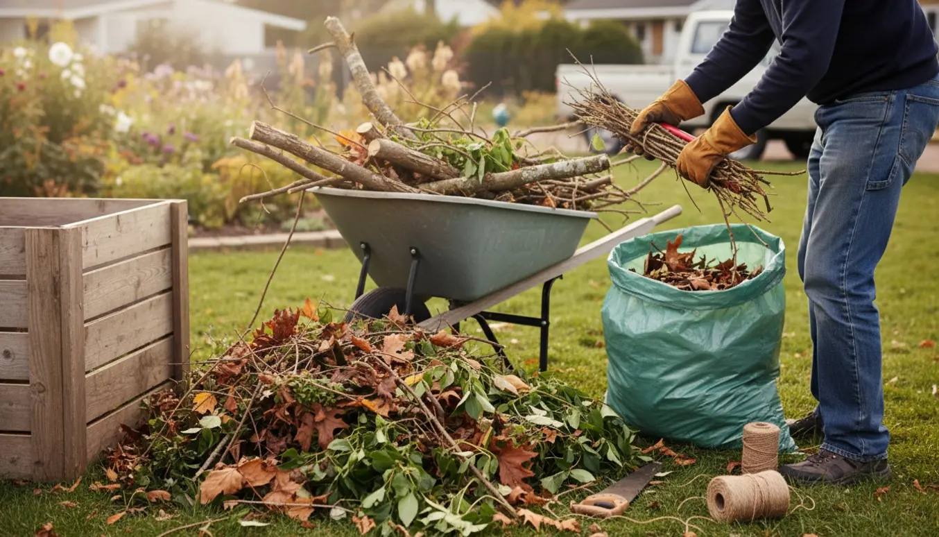 Grene og blade læsses i en trillebør og en kompostpose ved kompostbeholderen i haven.