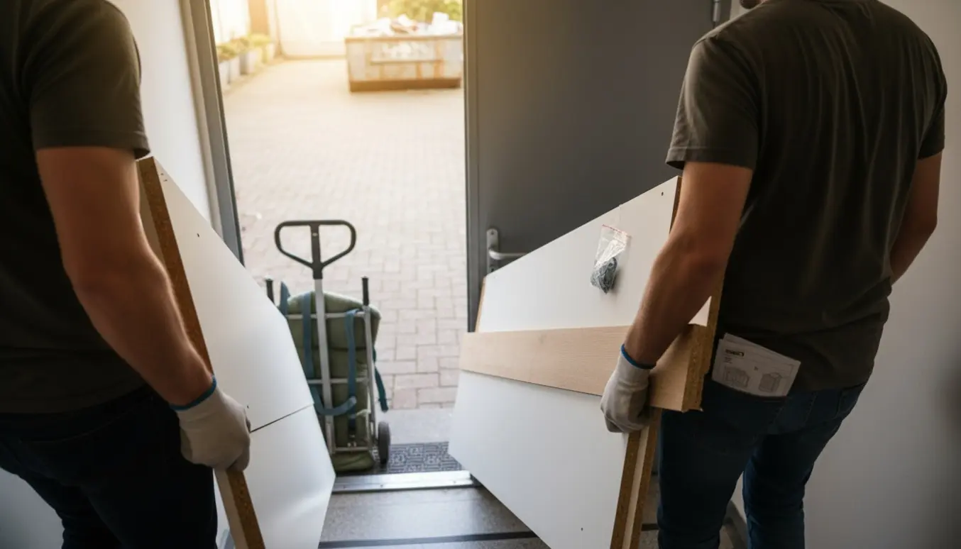 To personer bærer adskilte IKEA-plader ned ad trappen mod en storskraldscontainer i gården.