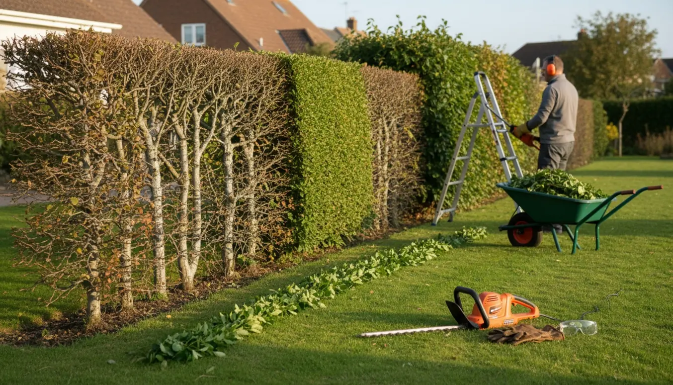 Lang bøgehæk i haven bliver klippet med hækkeklipper og afklip samlet i en trillebør.
