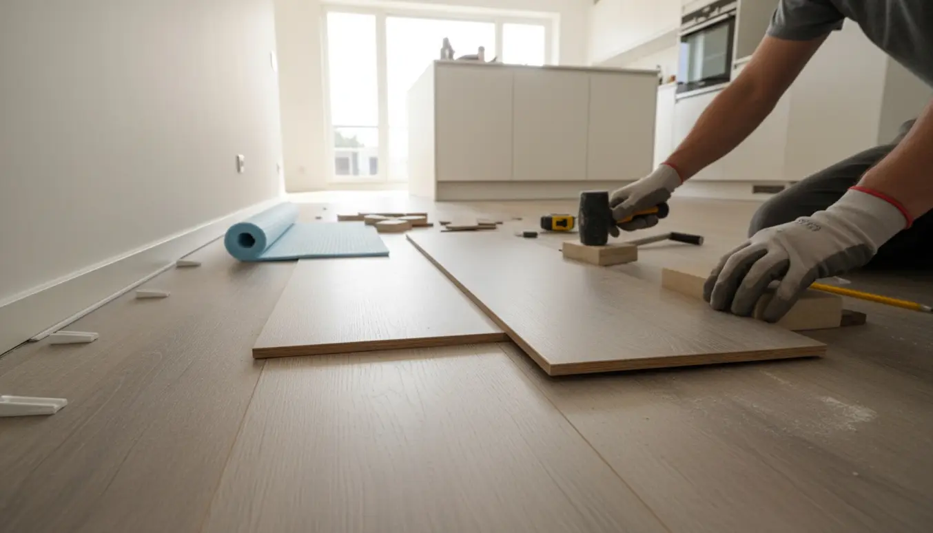 Delvist lagt klikgulv i stue-køkken med værktøj og en hånd, der klikker en planke på plads.