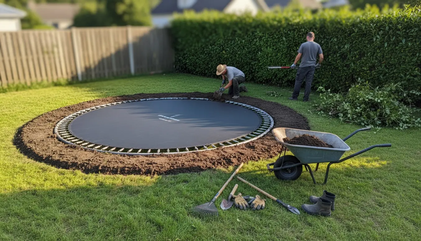 Nedgravet trampolin i have med jordvold rundt om og rydning af hæk, arbejdere uden synlige ansigter.