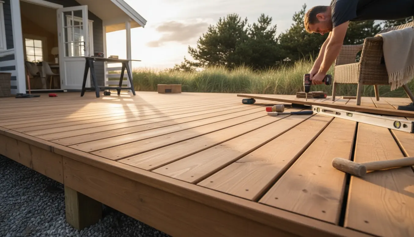 Træterrasse af Jacoba-brædder ved et sommerhus, hævet cirka 30 cm over jorden.