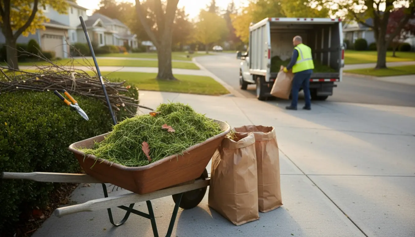 Haveaffald i poser og en trillebør klar til afhentning ved fortovet i blødt eftermiddagslys.