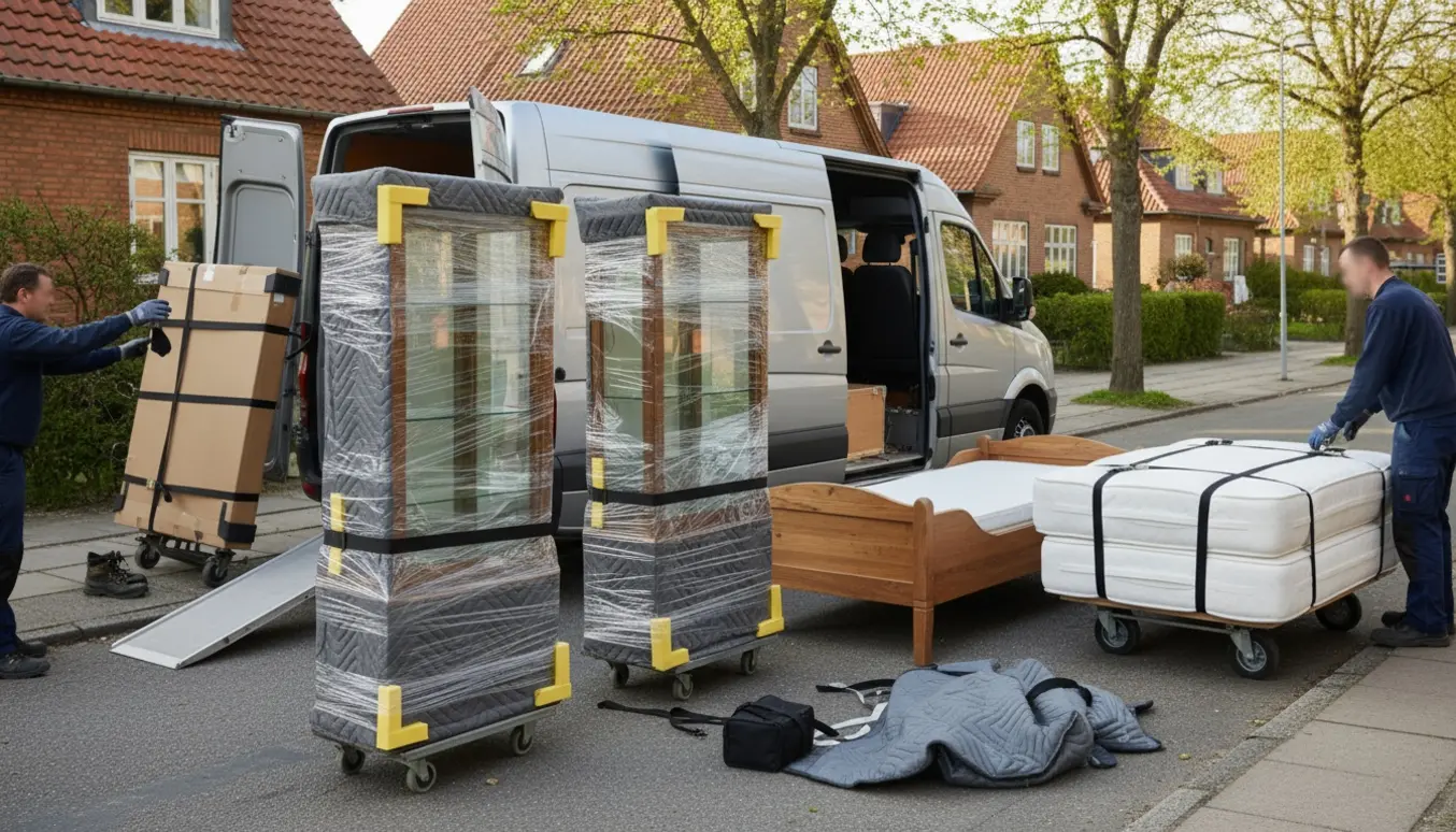 Indpakkede vitrineskabe, seng og skrivebord foran en åben flyttebil på en rolig villavej på Frederiksberg, hvor flyttemænds hænder håndterer udstyret.