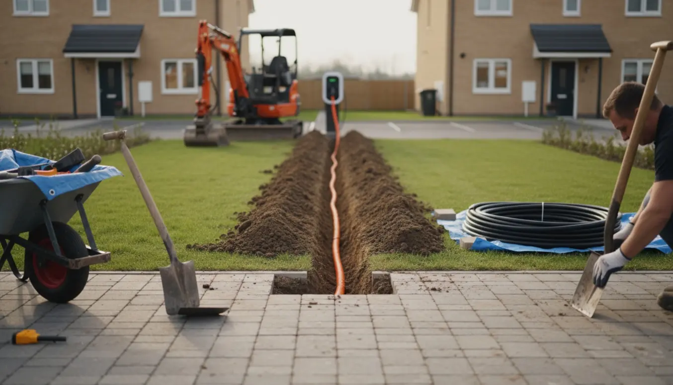 Rende gravet gennem fliser og græs med opgravet jord og elkabel på vej til en ladestander.