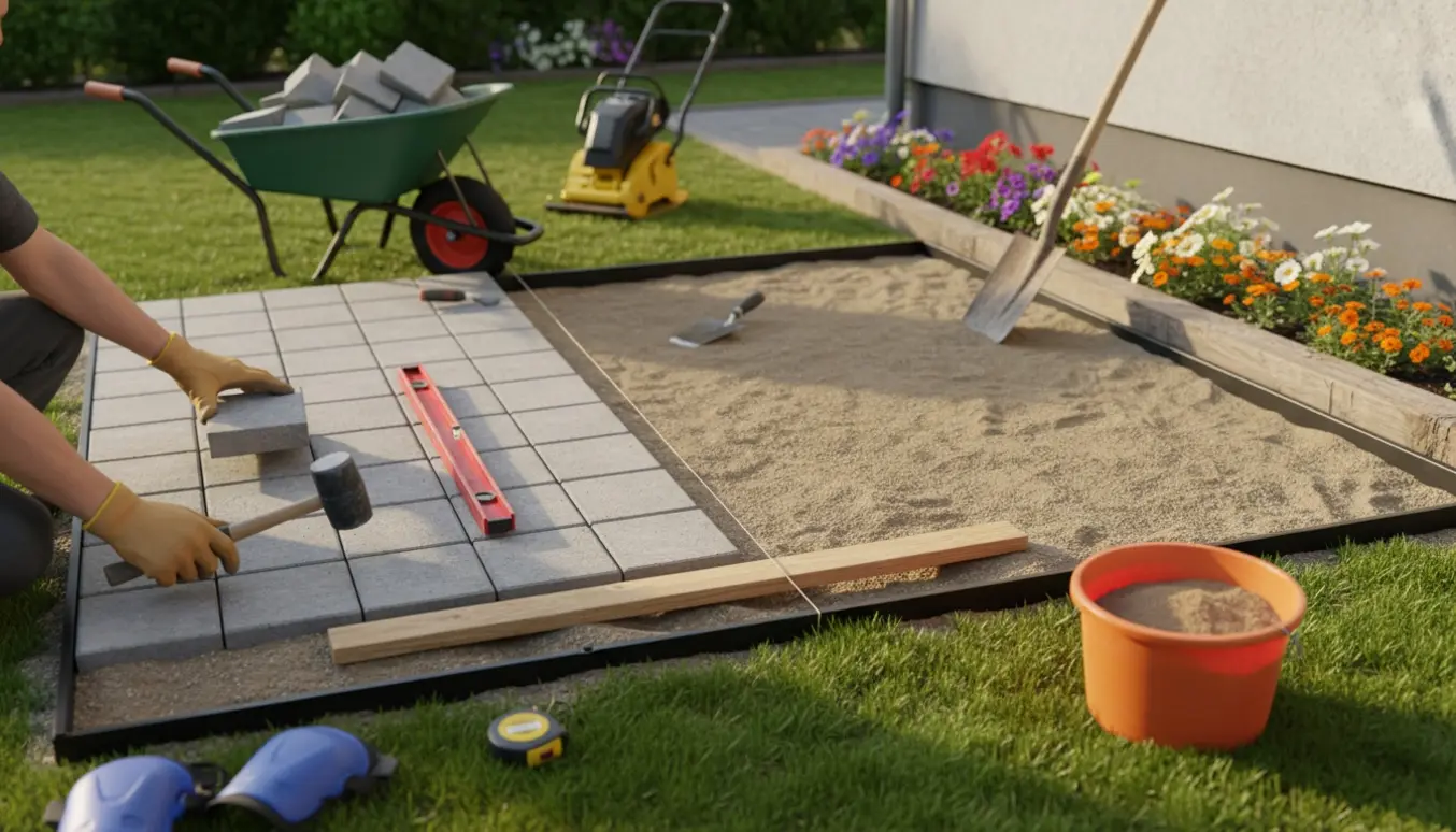 Anlæg af en 3 × 3,5 m terrasse med fliser på sandbund og værktøj rundt om, uden synlige ansigter.