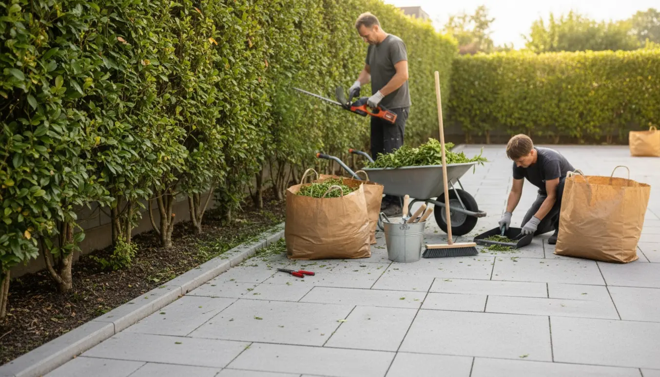Lang hæk bliver klippet og ukrudt fjernet mellem fliser, med afklip samlet i en trillebør.