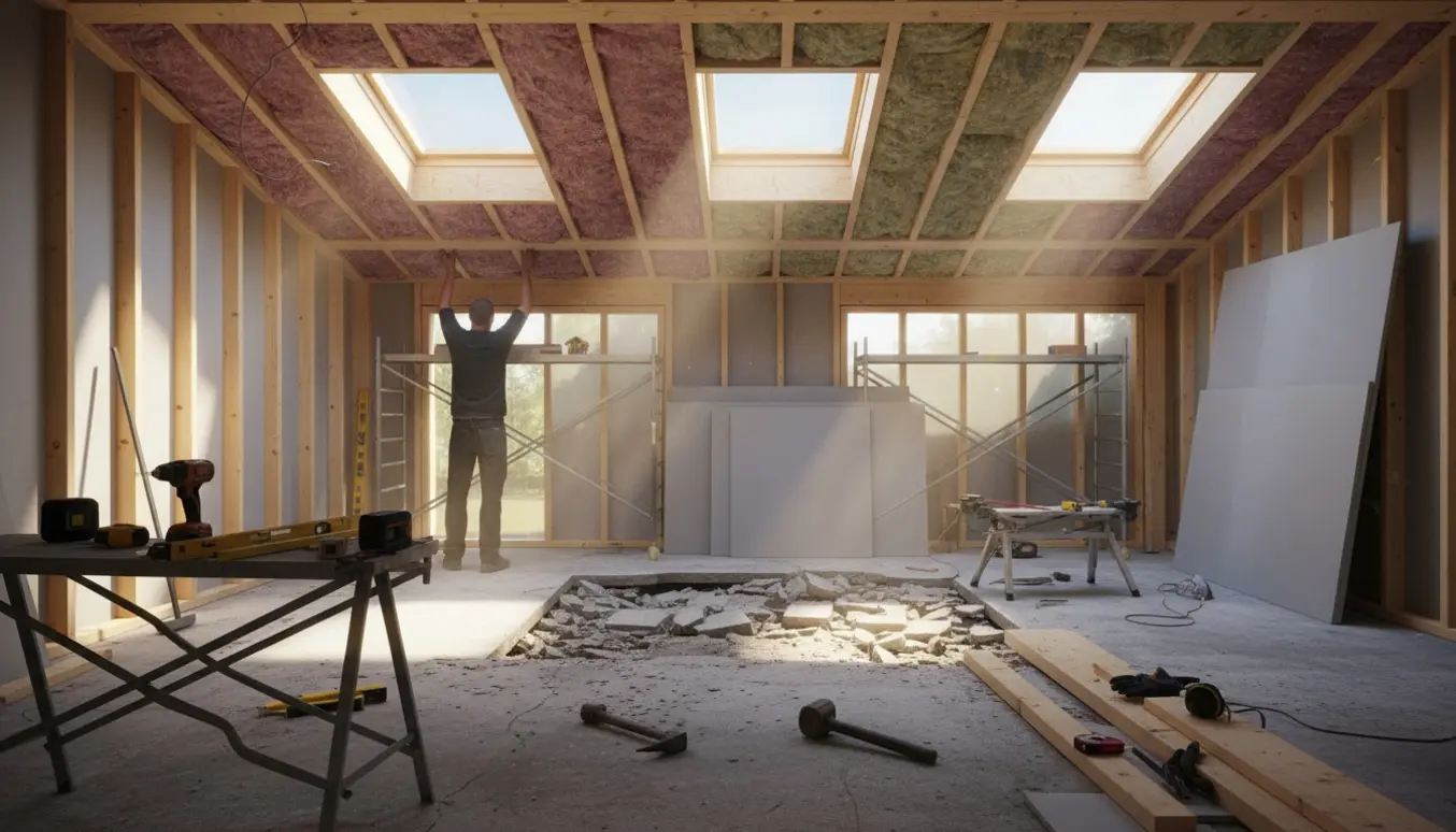 Garagerenovering med installerede ovenlys, isolering og opbygning af en let væg, uden synlige ansigter.