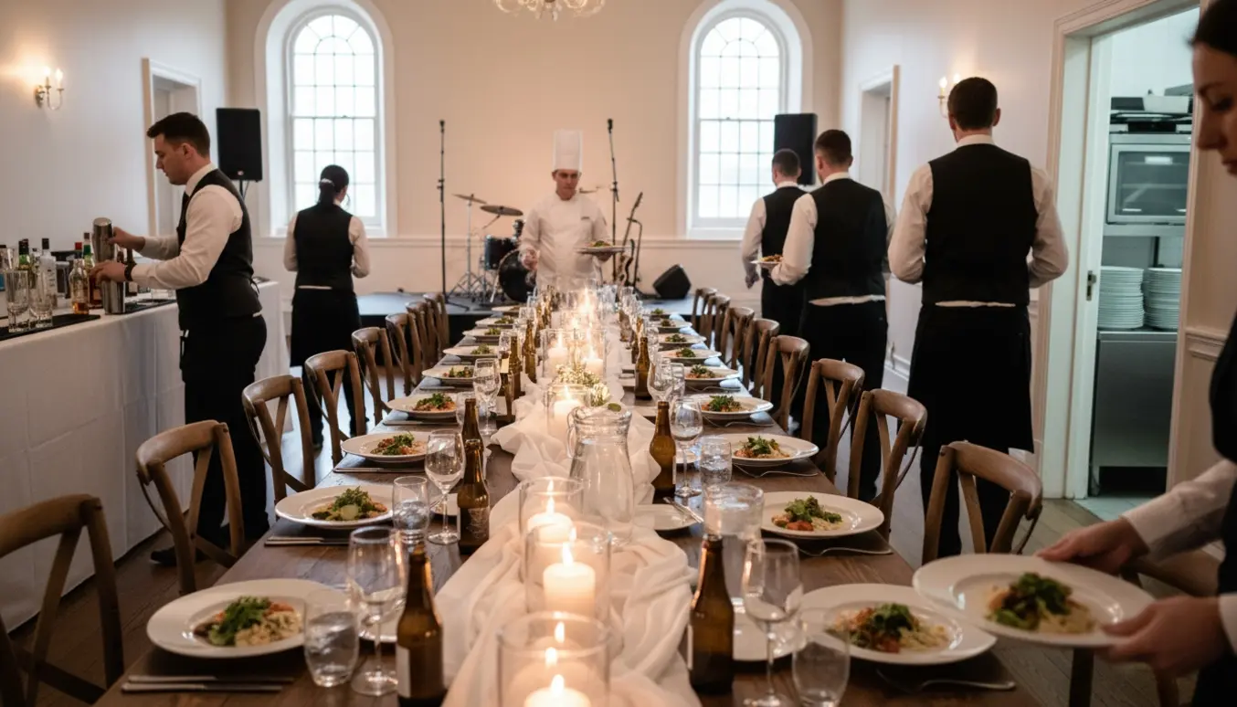 Langbord bryllupsmiddag i et festlokale med servere, dækkede tallerkener, bartender og scene i baggrunden.