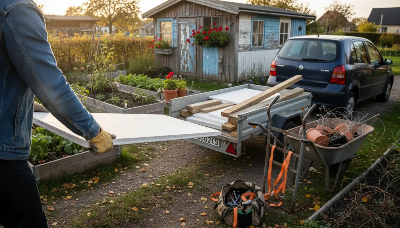 Person læsser gipsplader og træplader i en trailer i en kolonihave på Amager.