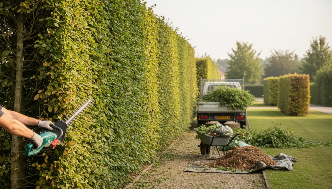 Lang nyklippet bøgehæk med haveredskaber og afklip samlet i trillebør og trailer.