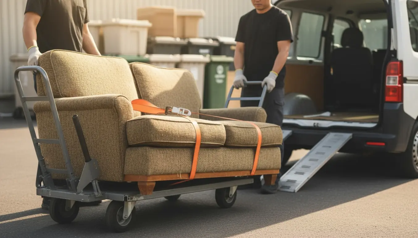 To personer flytter en slidt sofa fra stueetagen til en åben varevogn ved en genbrugsplads.