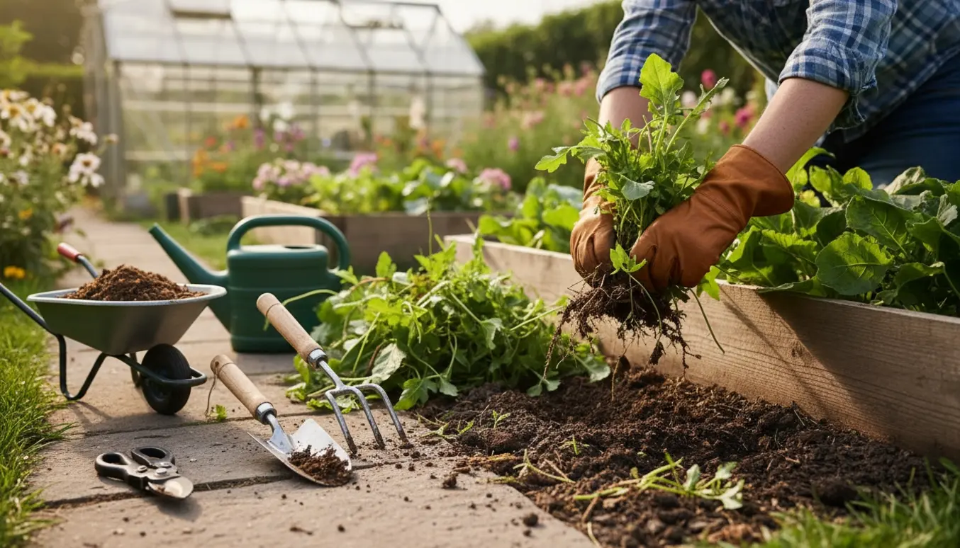 Nærbillede af havearbejde med handsker, hvor ukrudt trækkes op fra et højbed og haveredskaber ligger ved siden af.