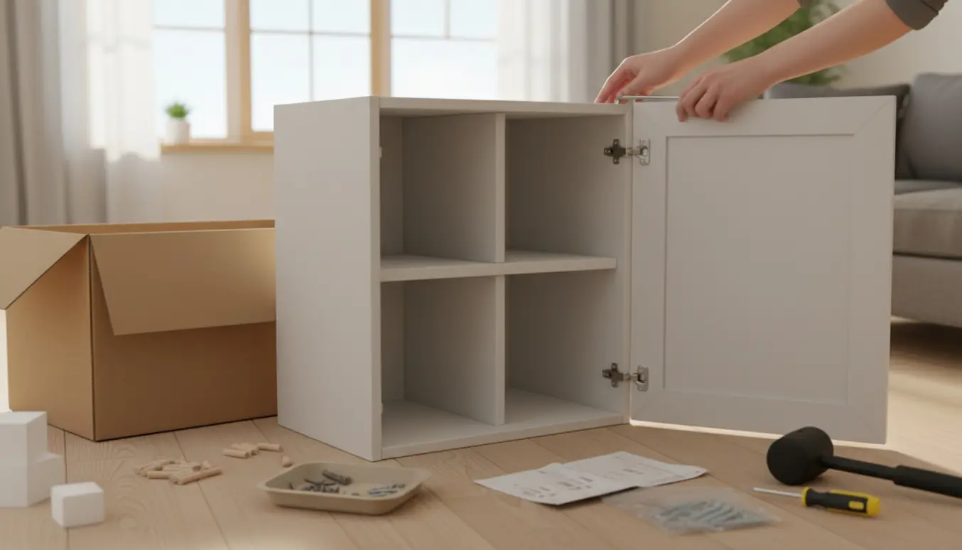 Delvist samlet hvidt Jysk-skab i stue med hænder og værktøj på gulvet.